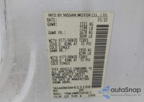 2010 Nissan Armada Platinum из США, поврежденный, VIN 5N1AA0NE0AN615198